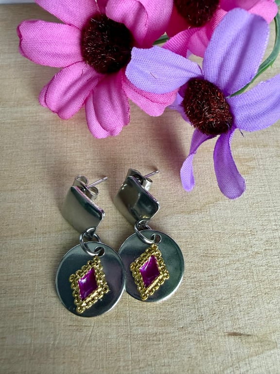 Stainless Steel Drop Earrings with Red and Gold Centre Detail