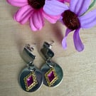 Stainless Steel Drop Earrings with Red and Gold Centre Detail