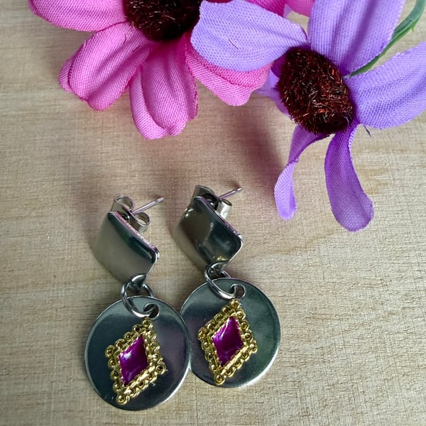 Stainless Steel Drop Earrings with Red and Gold Centre Detail