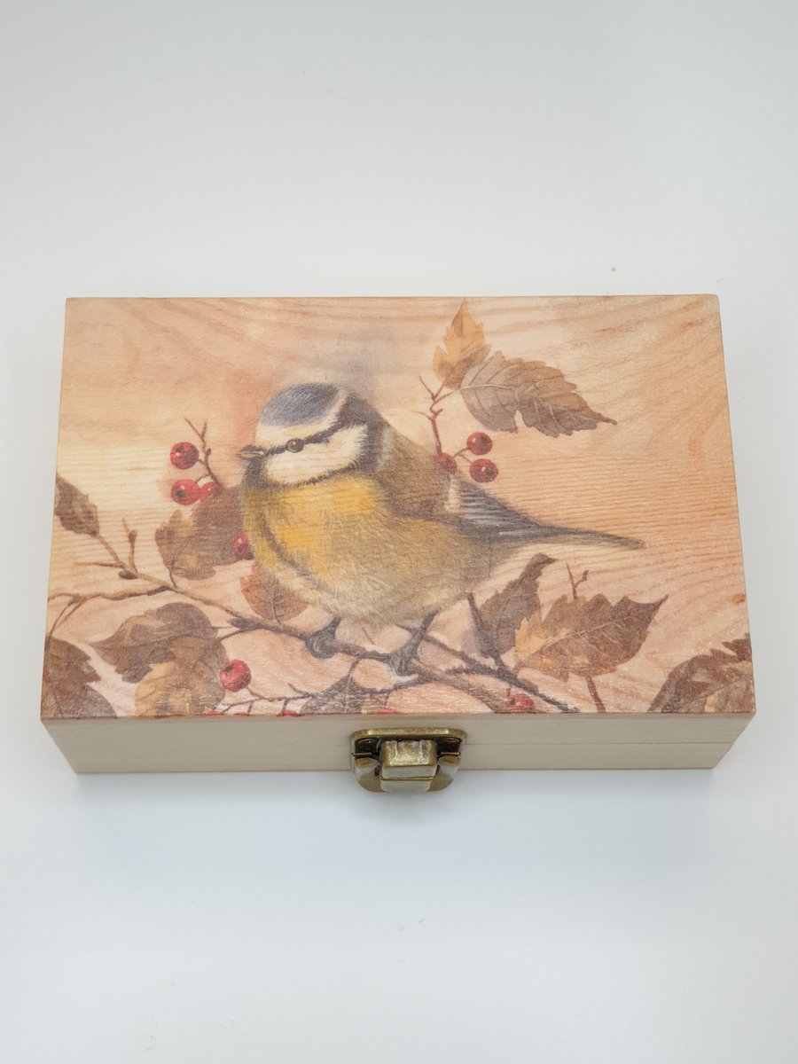 Bluetit - garden bird wooden trinket box, decoupage gift for her