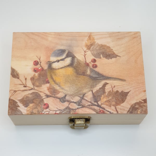 Bluetit - garden bird wooden trinket box, decoupage gift for her