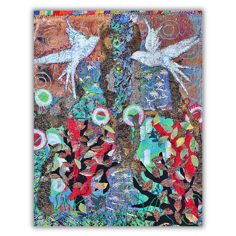 Original art quilt - textile art - Swifts - wildflowers - wall hanging- upcycled