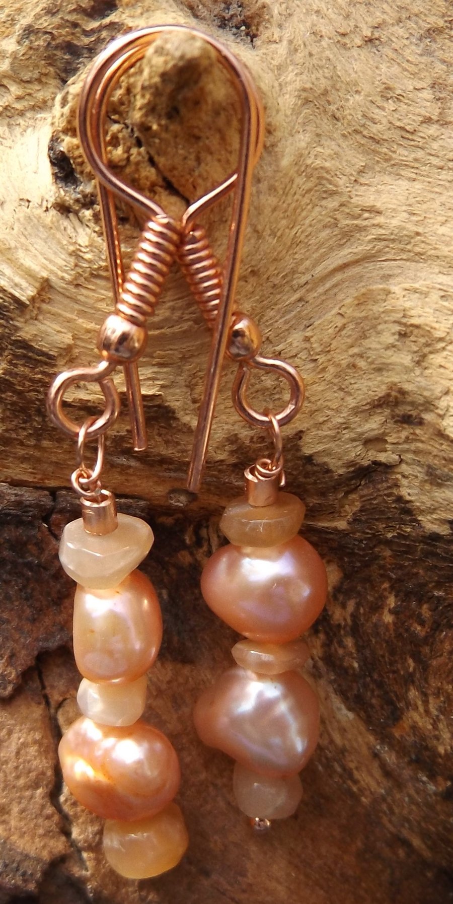 Peach pearls and peach moonstone earrings