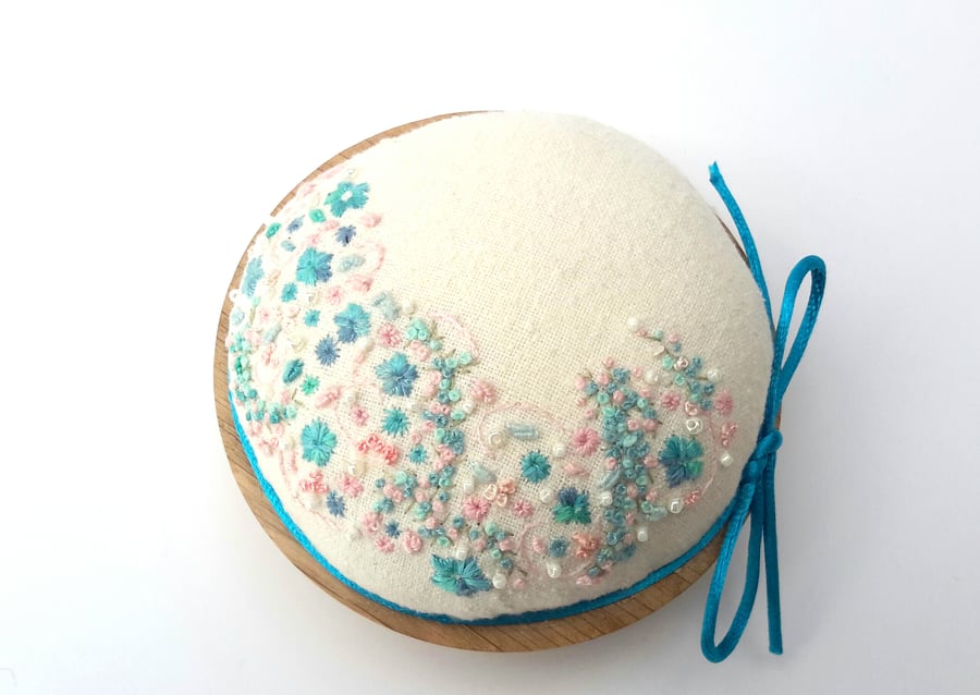 SALE Hand Embroidered Pincushion,  Seconds sunday Pin cushion on oak base,