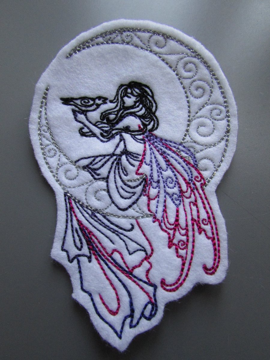 Fairy Fae with Raven on moon Embroidered Sew on Applique Patch