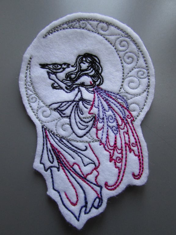 Fairy Fae with Raven on moon Embroidered Sew on Applique Patch