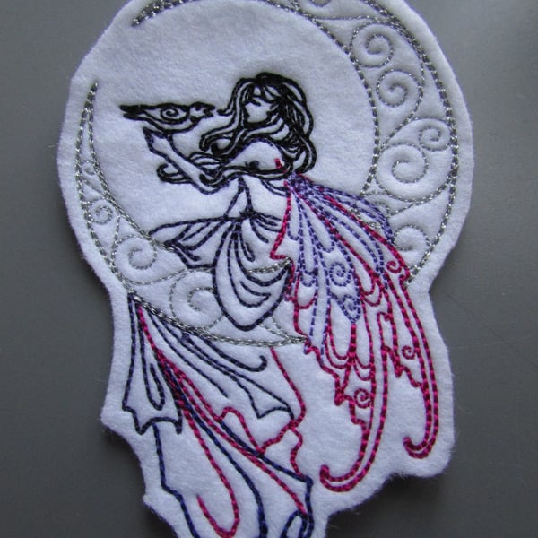 Fairy Fae with Raven on moon Embroidered Sew on Applique Patch