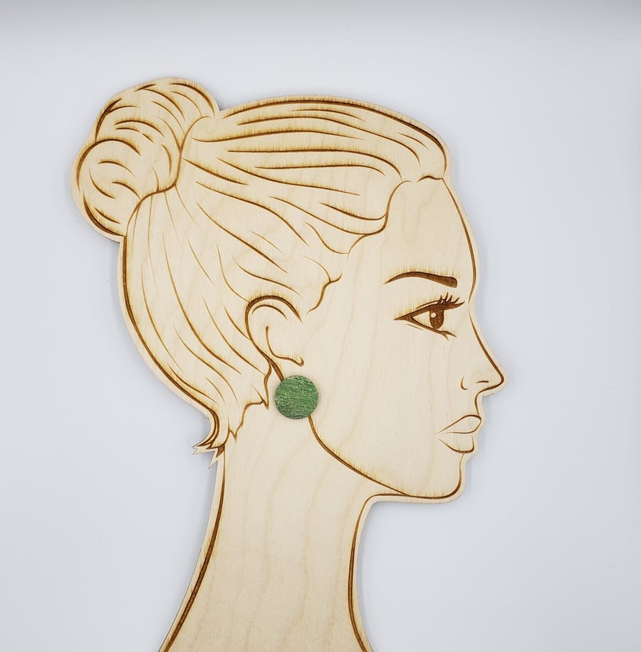 Round, wooden, hand printed, stud earrings in light green, Sterling silver