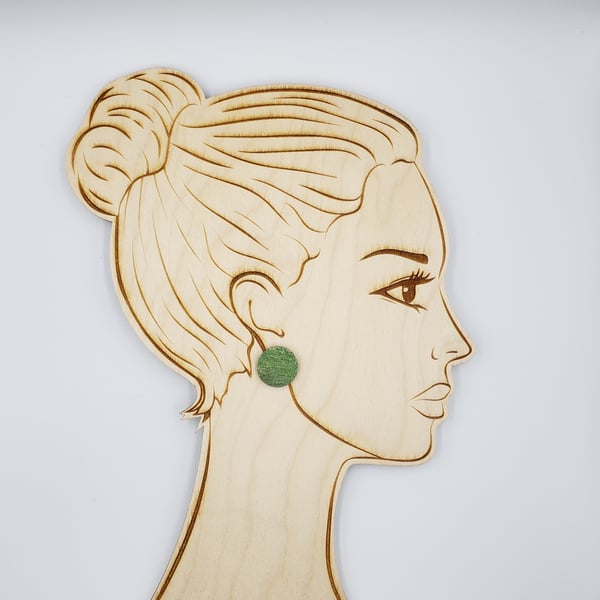Round, wooden, hand printed, stud earrings in light green, Sterling silver