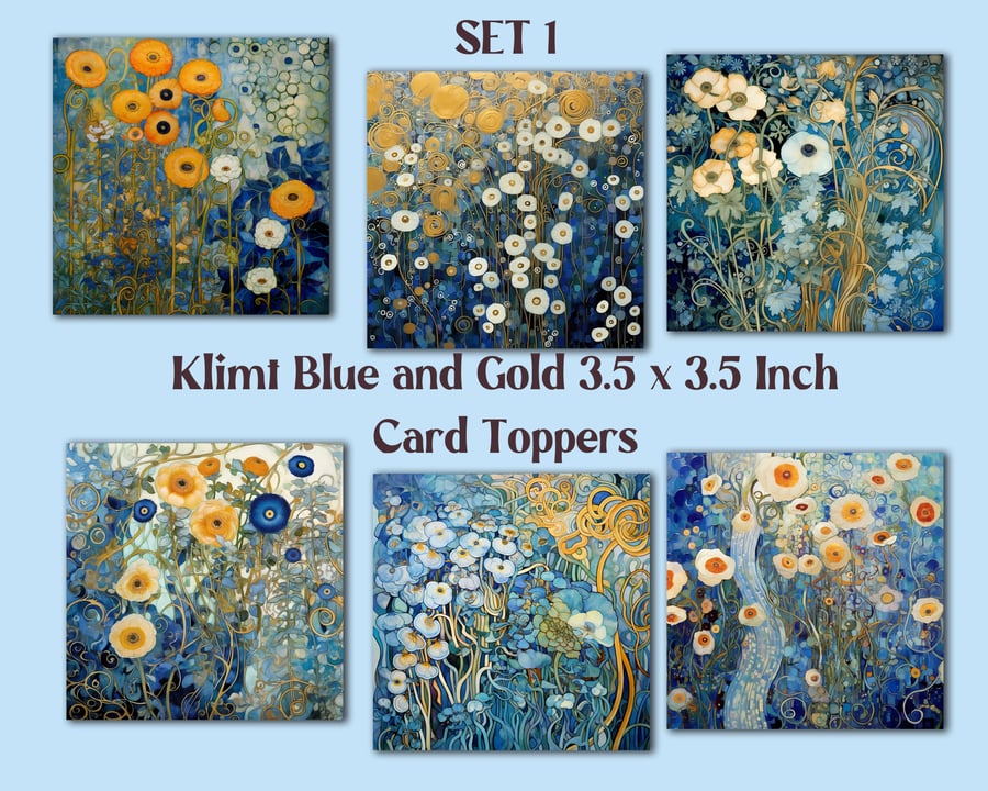 Klimt Blue Gold Square Card Toppers for Card Making, Tags, Journals, Scrapbooks