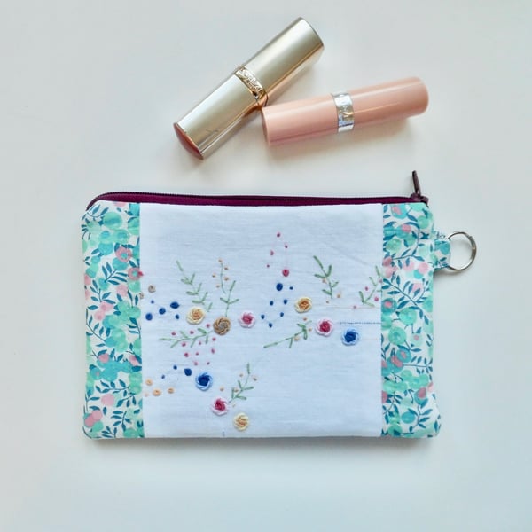 Make up bag in reclaimed embroidered cloth with Liberty trim and denim