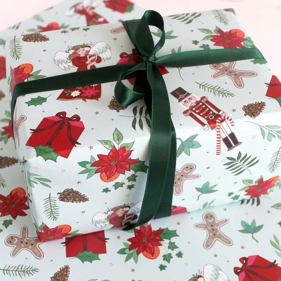 Nutcracker Christmas Wrapping Paper, Floral Christmas Gift Wrap Pack of 2 Sheets
