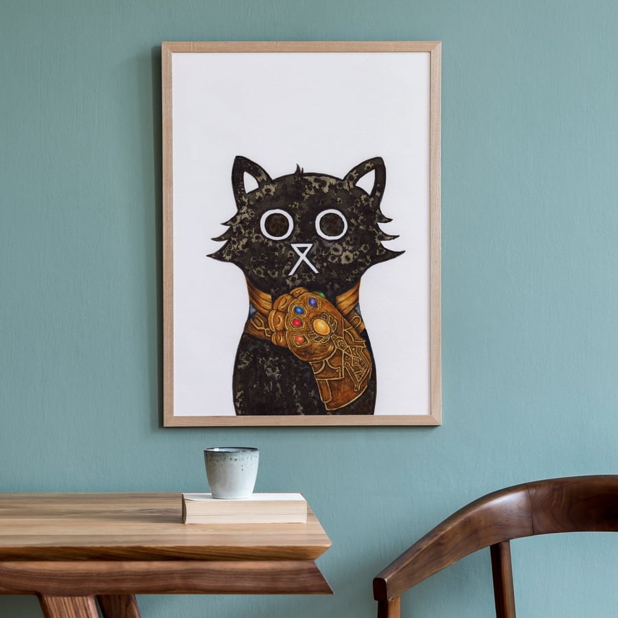 Thanos Cat Wall Art Print, Superhero Print, Superhero Fan Art, Gauntlet