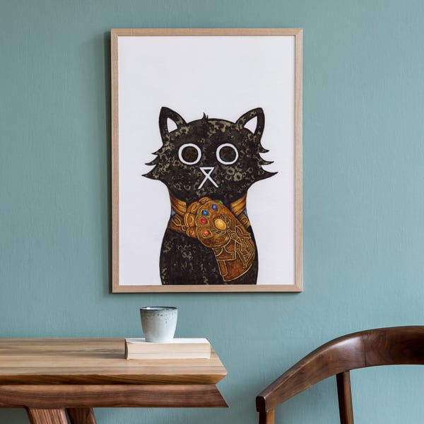 Thanos Cat Wall Art Print, Superhero Print, Superhero Fan Art, Gauntlet