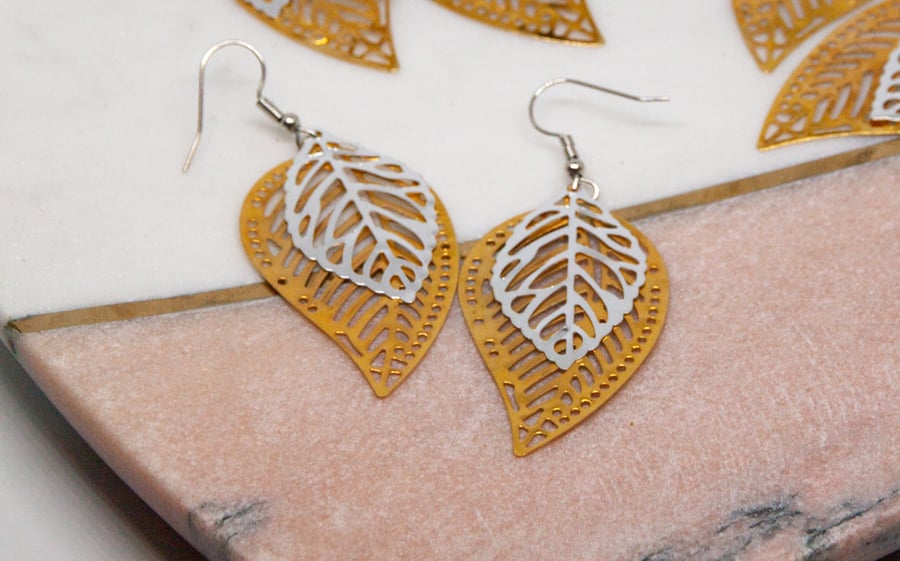 two tone metal leaf earrings 