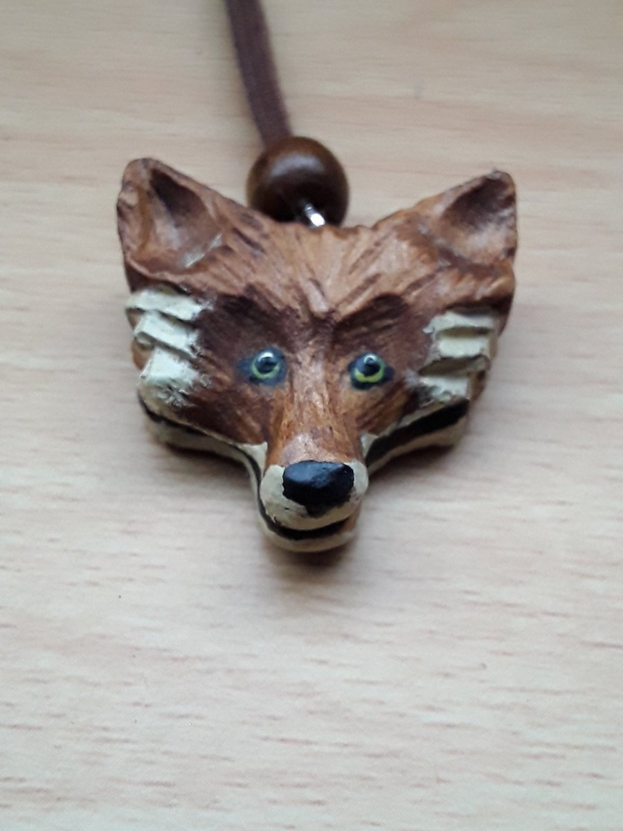 Hand Carved Wooden  Fox  Necklace 