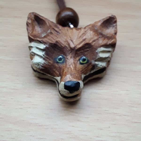 Hand Carved Wooden  Fox  Necklace 