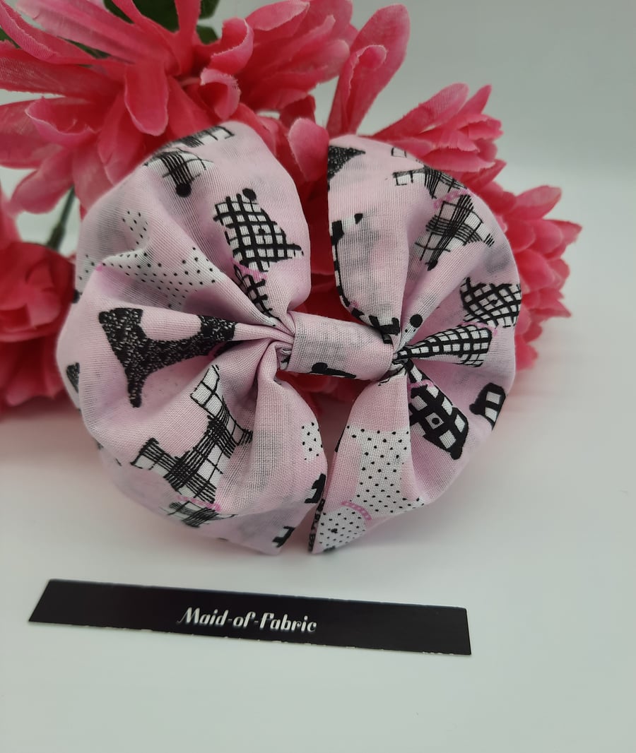 Hair bobble, hair band bow in pink scottie dog fabric. 3 for 2 offer.   