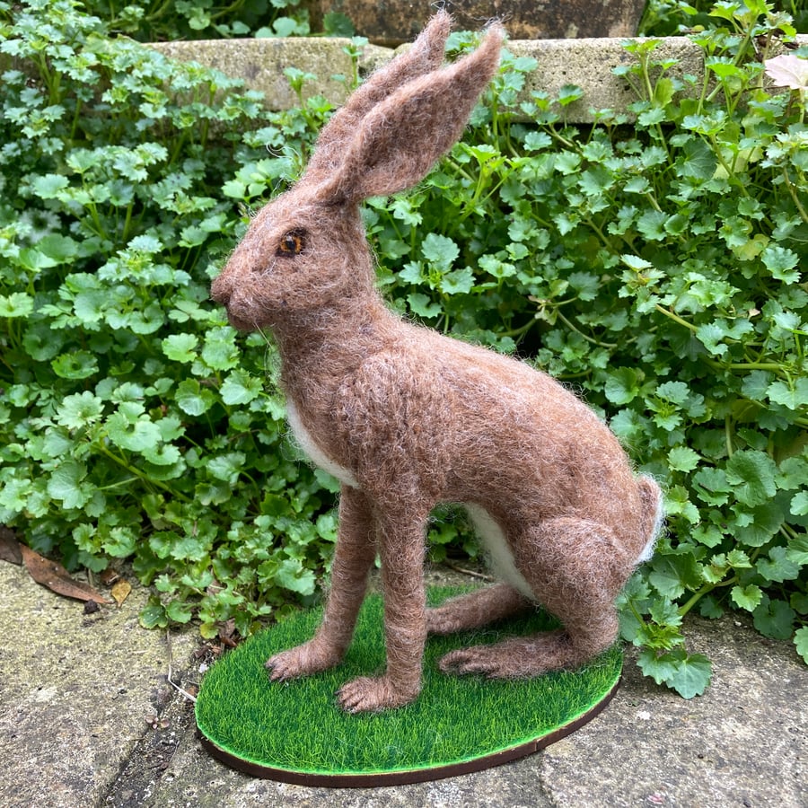 Brown Hare in sitting position, needle felted sculpture, ornament, model 