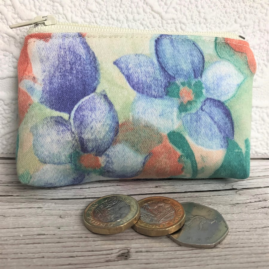 Small purse, coin purse with blue, green and peach floral print