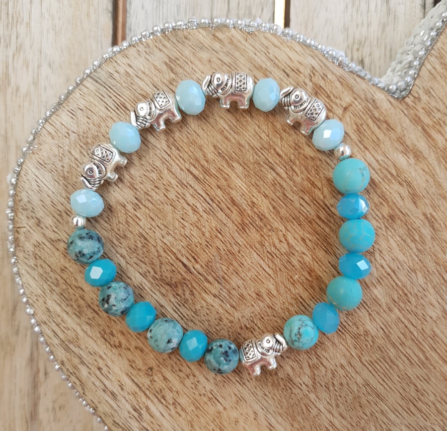 Elasticated Bracelet - Elephant Detail Agate & Semi Precious Stone Mixed Beads