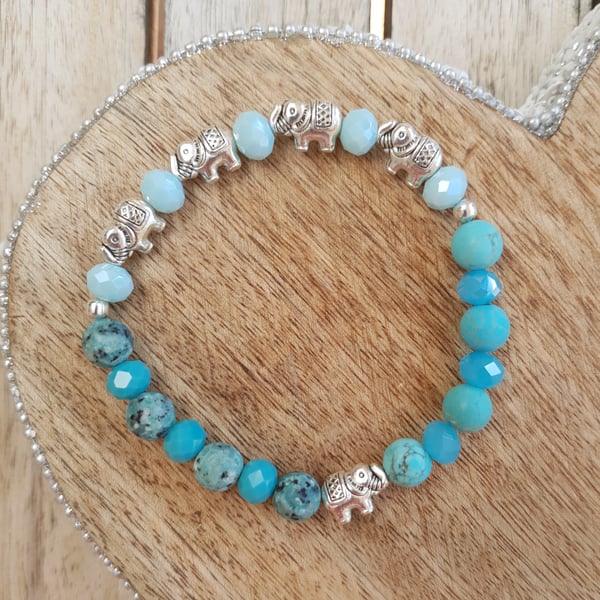 Elasticated Bracelet - Elephant Detail Agate & Semi Precious Stone Mixed Beads