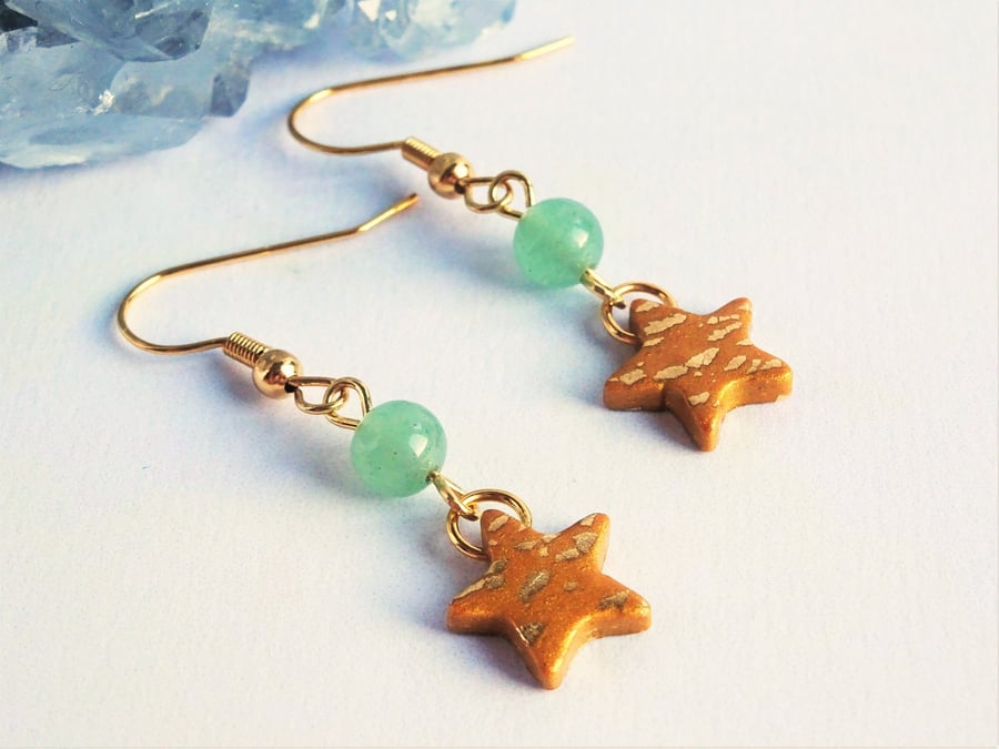 Green Aventurine Drop Earrings, Gold Star Earrings, Semi Precious Jewellery