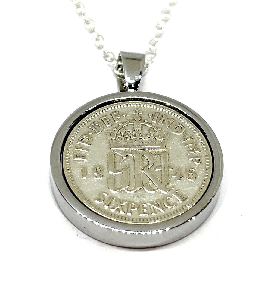 1946 80th Birthday Anniversary sixpence coin pendant plus 18inch SS chain gift