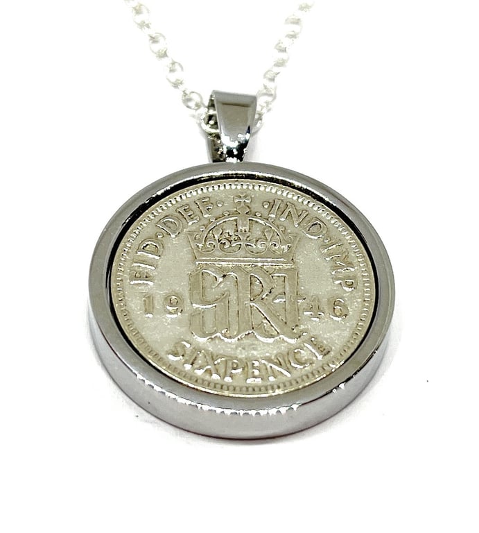 1946 80th Birthday Anniversary sixpence coin pendant plus 18inch SS chain gift