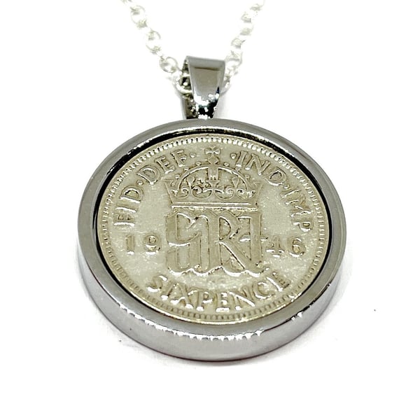1946 80th Birthday Anniversary sixpence coin pendant plus 18inch SS chain gift