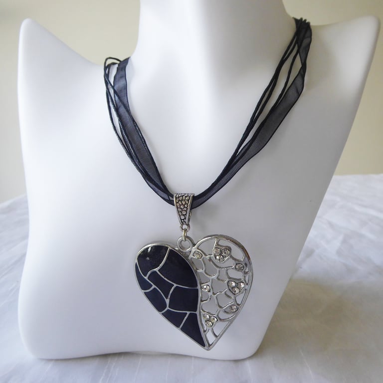 Black Ribbon & Cord Adjustable Necklace with Enamel & Rhinestone Heart