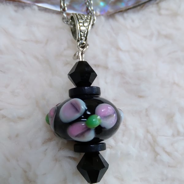 Black lampwork floral bead with Czech glass beaded PENDANT on silvertone necklac