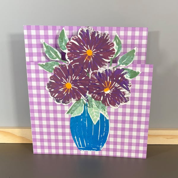 Greetings Card - Vase of Purple Flowers on Lilac Gingham