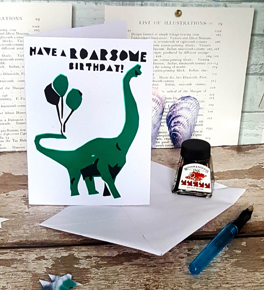 Hand Screenprinted Card - 'Have a ROARSOME Birthday!' Dinosaur Pun Birthday Card