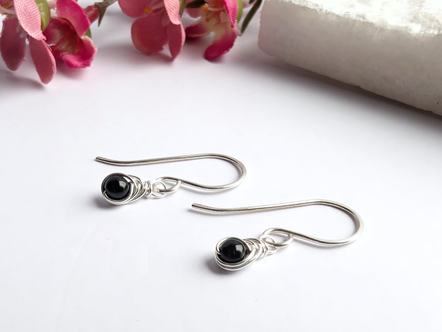 BLACK TOURMALINE Earrings Sterling Silver, Dainty Earrings, October Birthstone