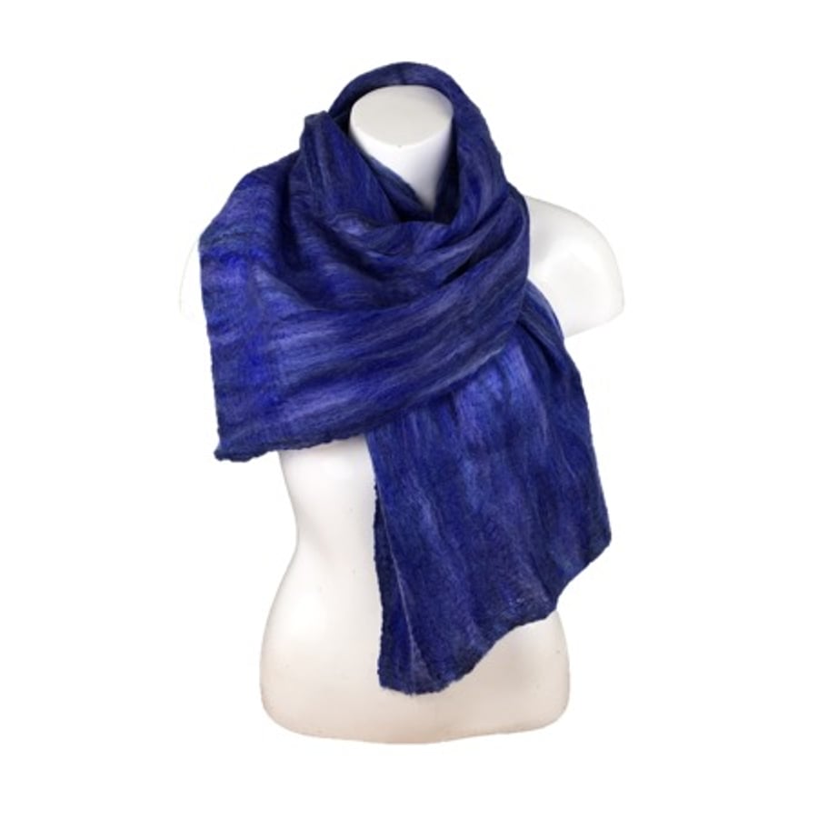 Blue merino wool on silk nuno felted scarf 
