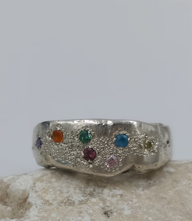 Chunky Multicolour Gem Signet Ring - SIze N
