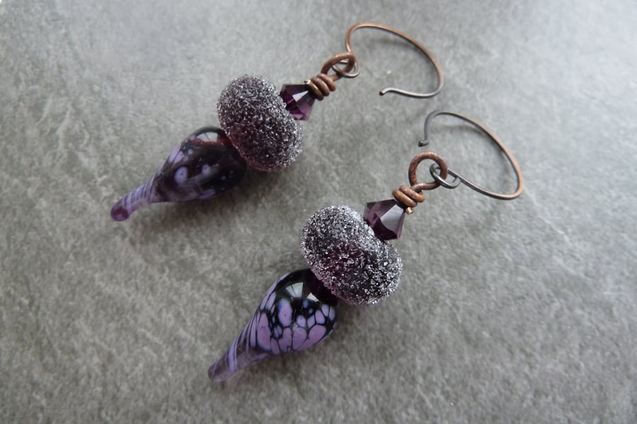 copper and lampwork purple glass earrings