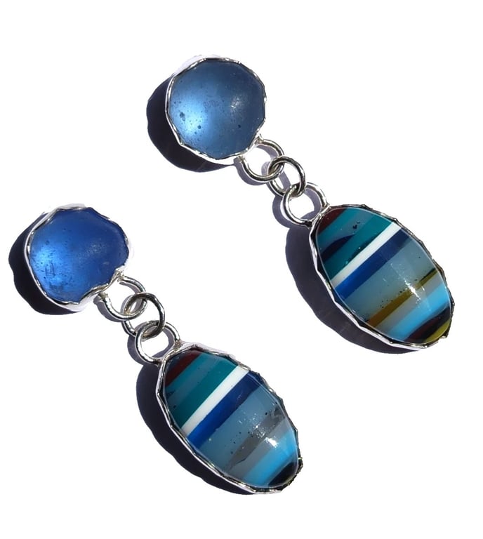 Surfite & Blue Seaglass Earrings Fine & Sterling Silver Jewellery Gift Upcycled