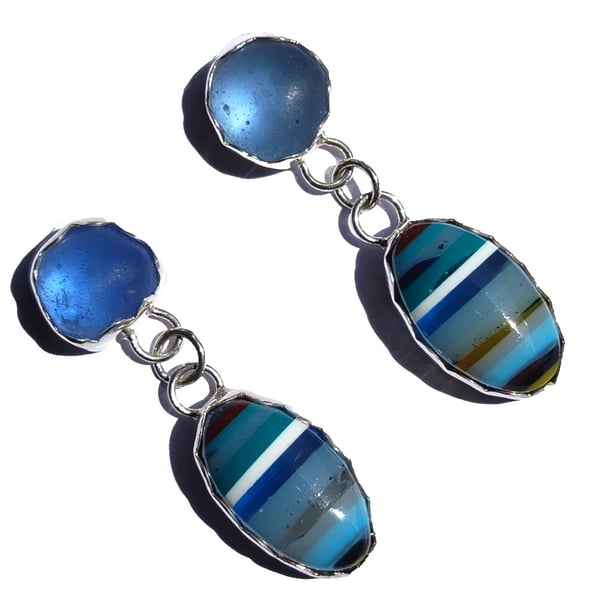Surfite & Blue Seaglass Earrings Fine & Sterling Silver Jewellery Gift Upcycled