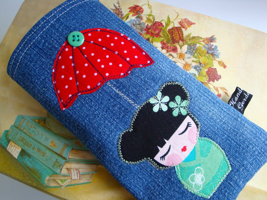 Denim Glasses case - appliquéd umbrella  and Russian doll .