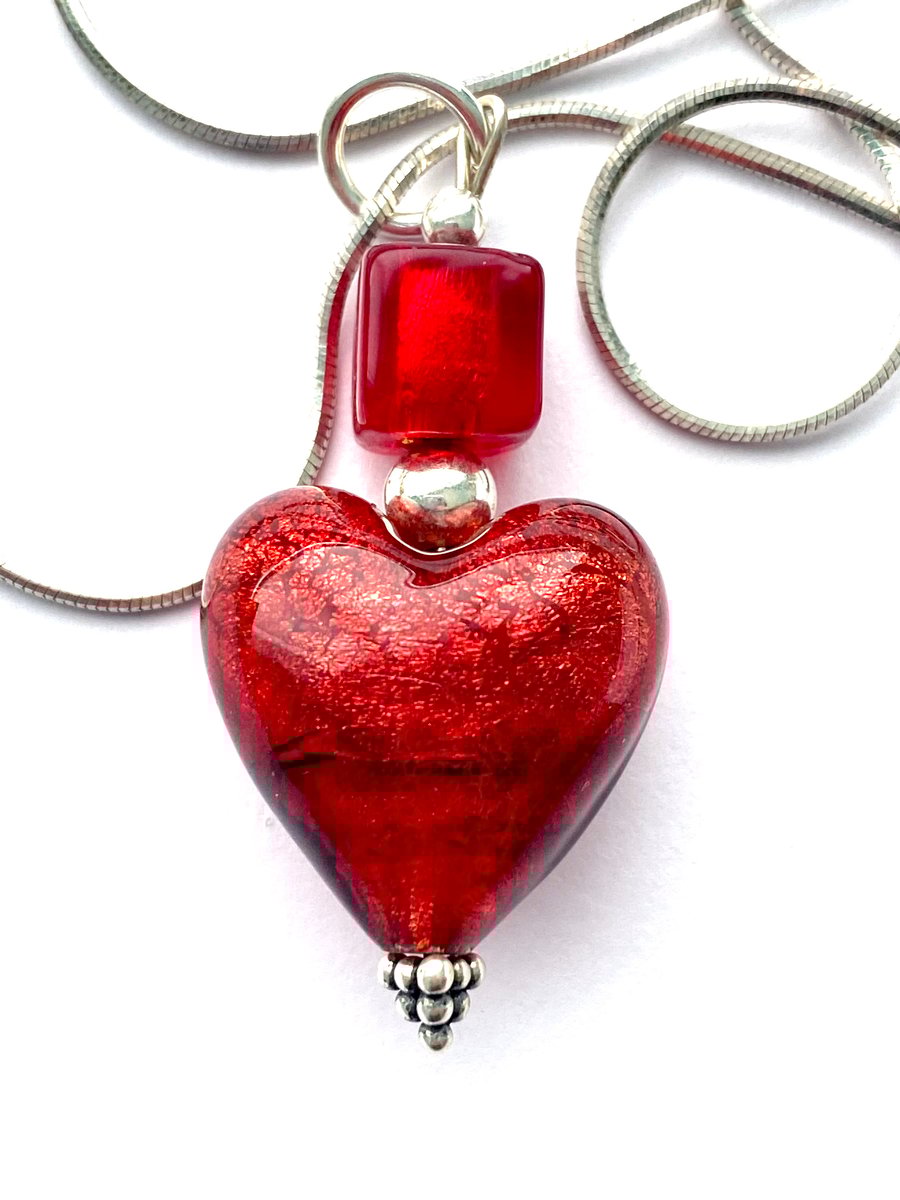 Murano glass red heart pendant with sterling silver.
