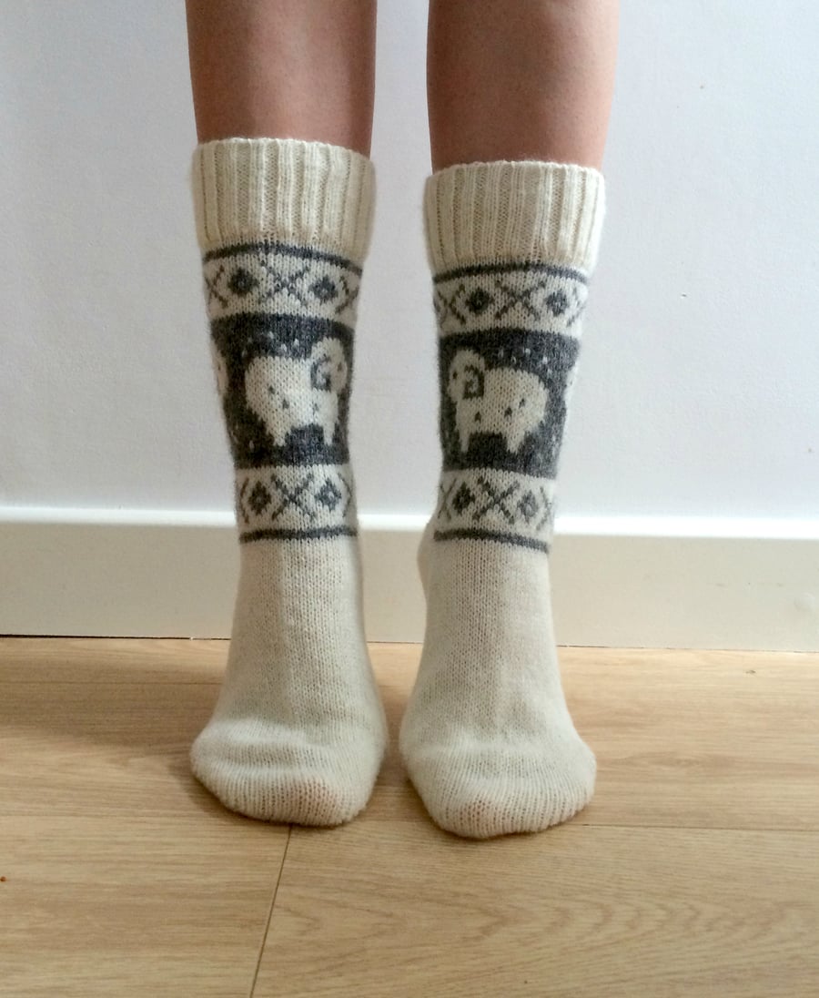 READY TO SHIP White Wool Socks Ram Sheep Christmas Winter Nordic Fair isle