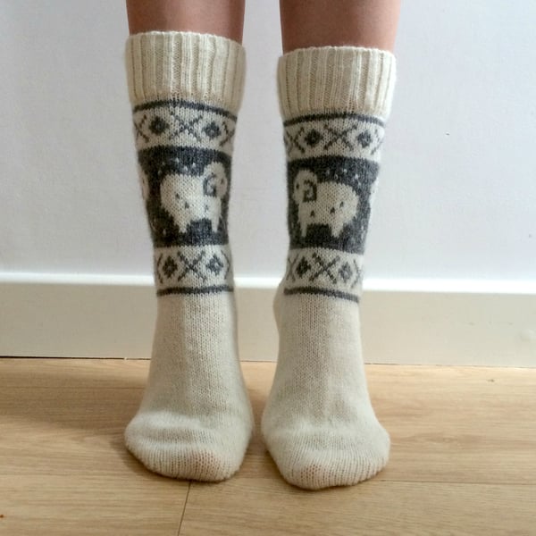 READY TO SHIP White Wool Socks Ram Sheep Christmas Winter Nordic Fair isle