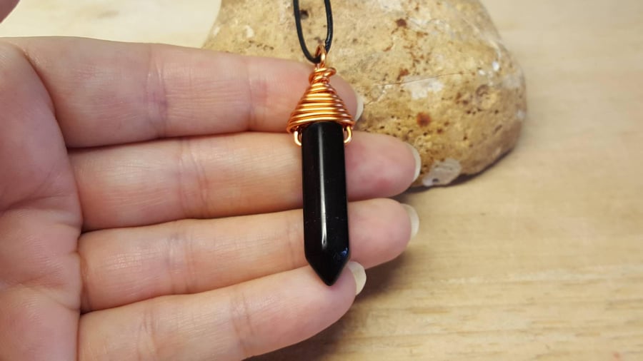 Copper Wire Wrap Black Obsidian pendant. Reiki jewelry