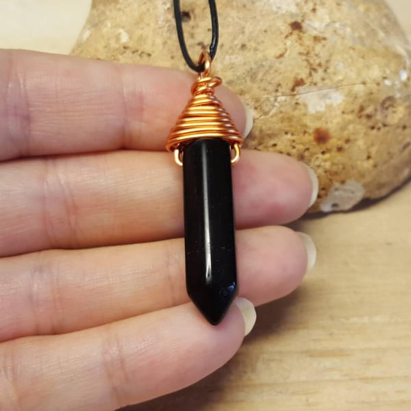 Copper Wire Wrap Black Obsidian pendant. Reiki jewelry