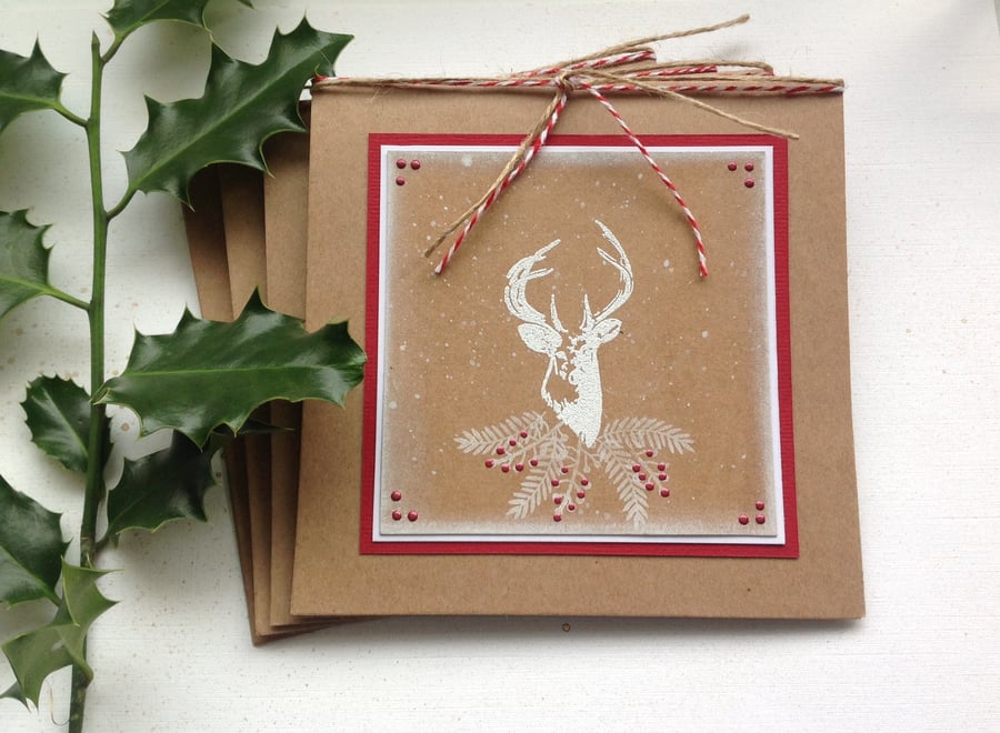 GREETINGS CARDS.( pack of 4) Autumn .Winter . Christmas. Stag . Deer. Nature.