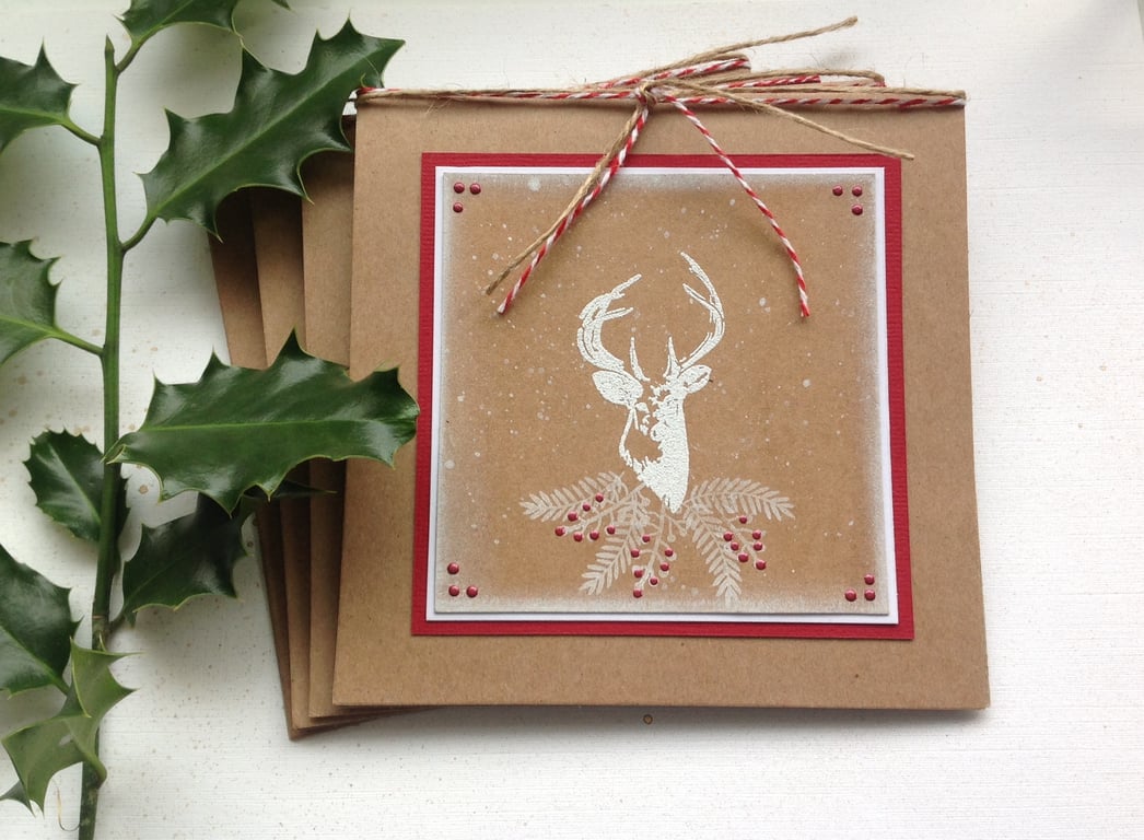 GREETINGS CARDS.( pack of 4) Autumn .Winter . Christmas. Stag . Deer. Nature.