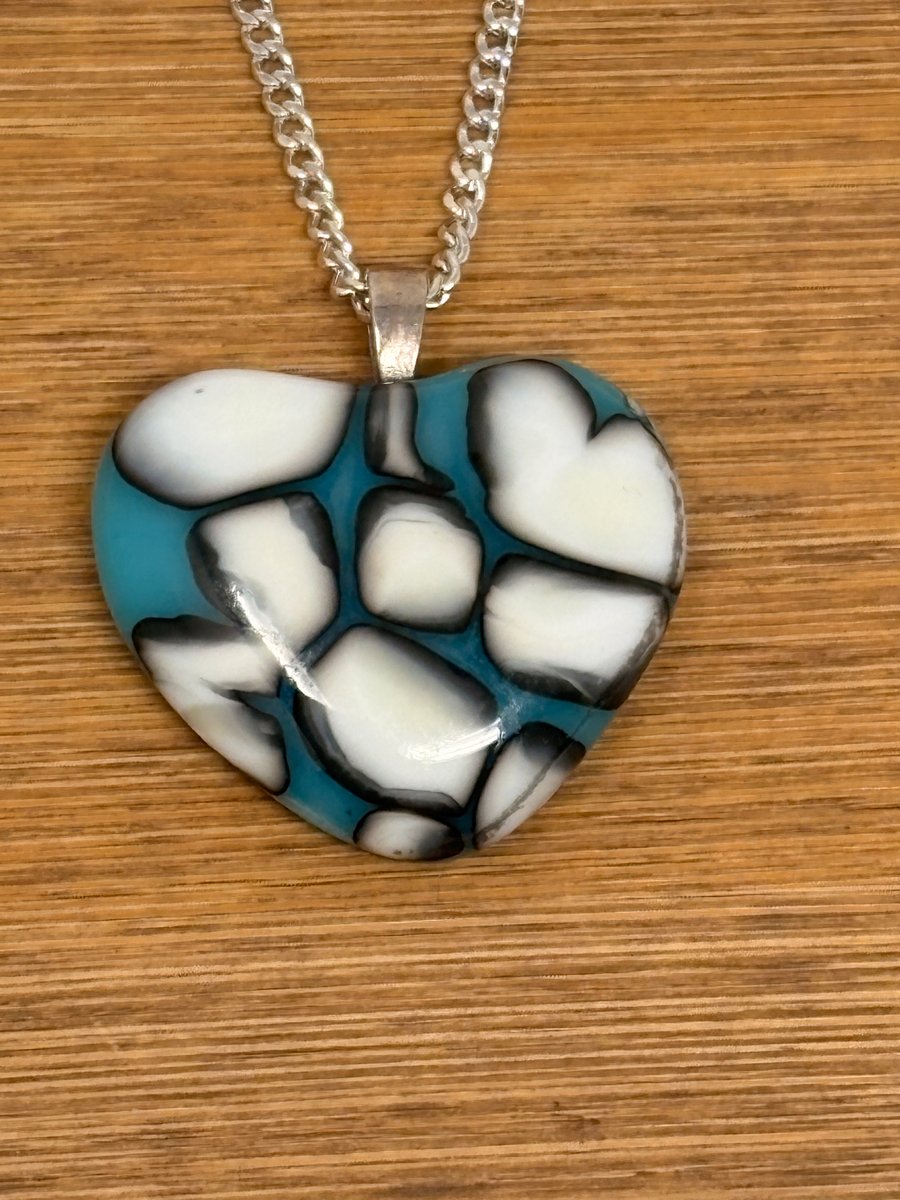 Fused Glass Heart Blue & Vanilla Pendant
