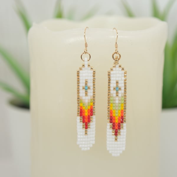 Native American Style Beaded Earrings. Rainbow Colours with Gold-Filled Wires